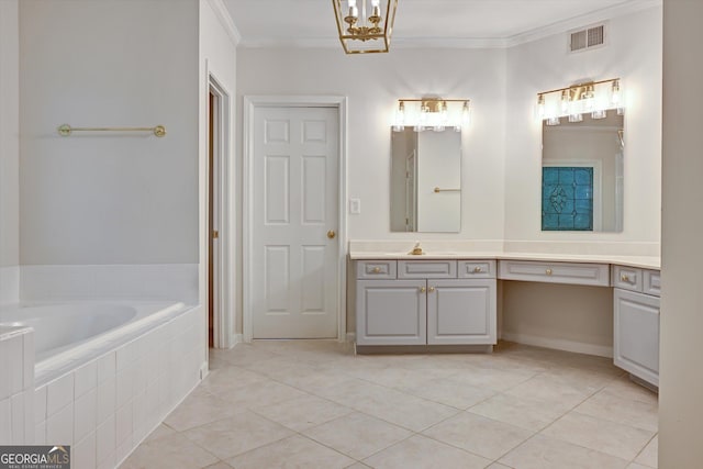 bathroom with vanity, tile patterned floors, ornamental molding, and tiled tub