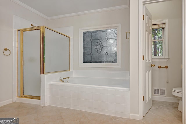 bathroom with tile patterned floors, toilet, plus walk in shower, and ornamental molding