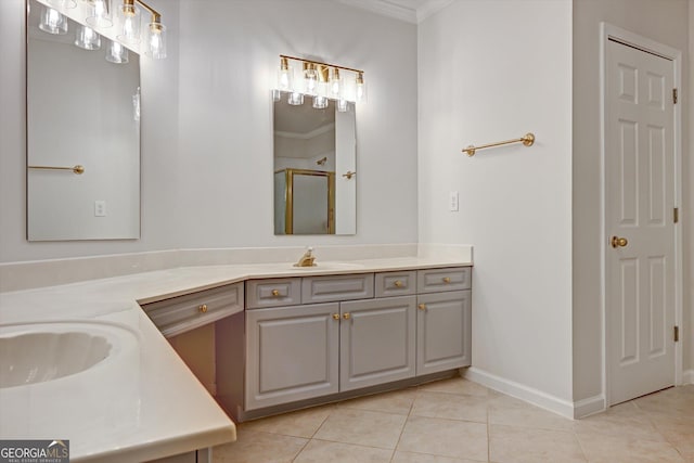 bathroom featuring tile patterned floors, vanity, ornamental molding, and a shower with door