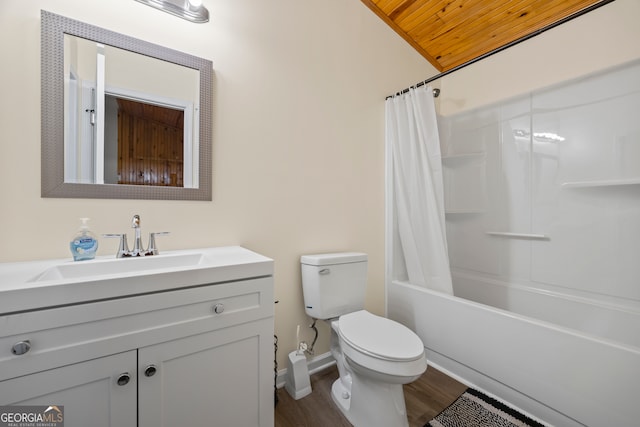 full bathroom with shower / bath combo, vanity, wooden ceiling, hardwood / wood-style flooring, and toilet