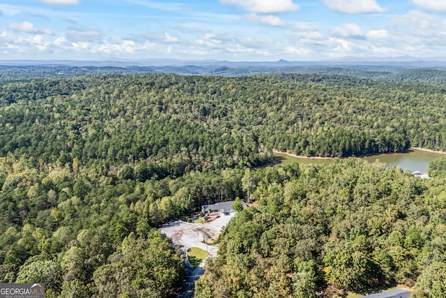 drone / aerial view with a water and mountain view