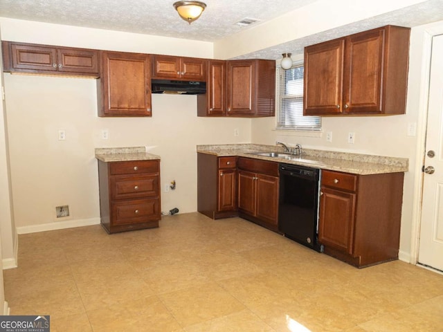 kitchen featuring a textured ceiling, sink, black dishwasher, and extractor fan