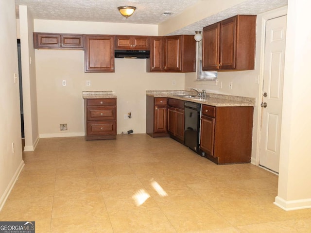 kitchen with dishwasher, extractor fan, a textured ceiling, and sink