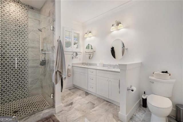 bathroom featuring crown molding, toilet, vanity, and walk in shower