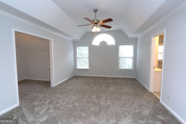 carpeted spare room with crown molding, lofted ceiling, and ceiling fan