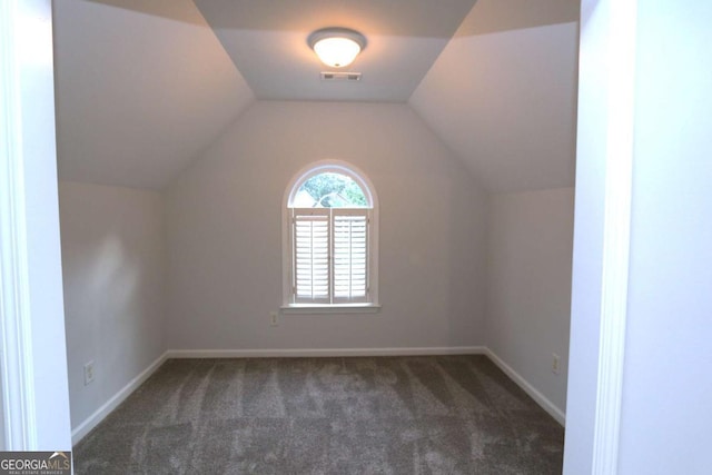 additional living space with dark colored carpet and lofted ceiling