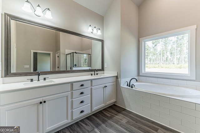 bathroom featuring hardwood / wood-style floors, vanity, and independent shower and bath