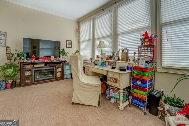 office area with light carpet and ornamental molding