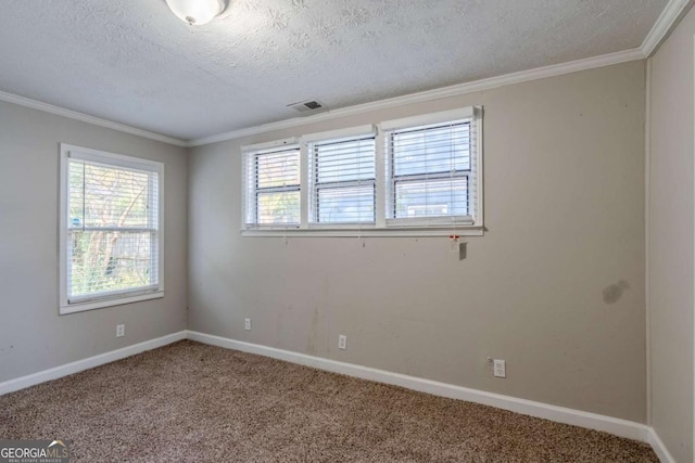 spare room featuring crown molding, carpet floors, and a textured ceiling