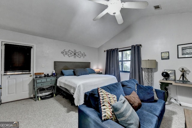 carpeted bedroom featuring ceiling fan and vaulted ceiling