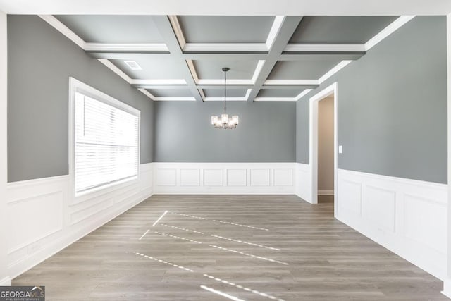 408 Bella Notte Cir Unit 26A, Warner Robins, GA 31088 - unfurnished dining area with a chandelier, coffered ceiling, beam ceiling, wainscoting, and wood finished floors
