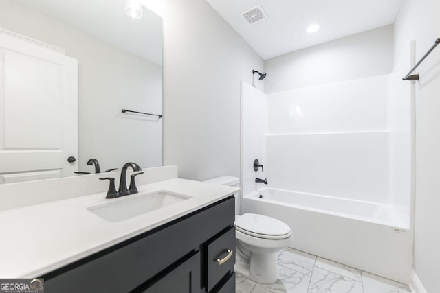 408 Bella Notte Cir Unit 26A, Warner Robins, GA 31088 - full bathroom with marble look tile flooring, vanity, shower / bath combination, and recessed lighting