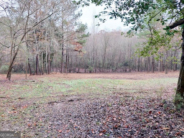 view of yard featuring a forest view