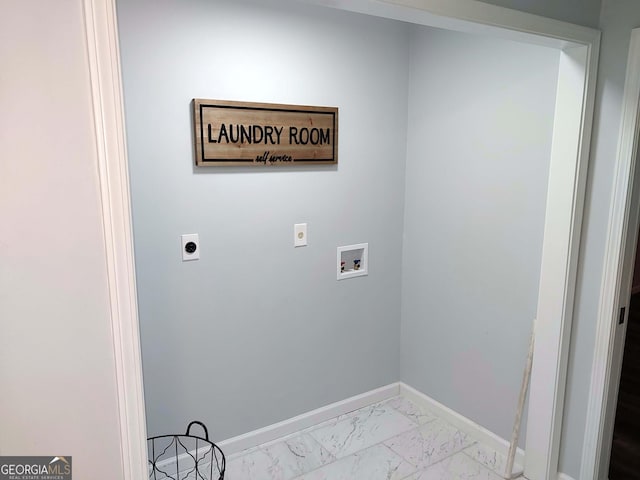 laundry room with hookup for an electric dryer, baseboards, hookup for a washing machine, marble finish floor, and laundry area