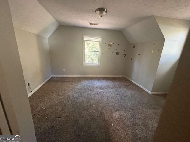 additional living space with a textured ceiling, carpet floors, and vaulted ceiling