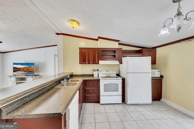 kitchen with extractor fan, a textured ceiling, white appliances, and vaulted ceiling