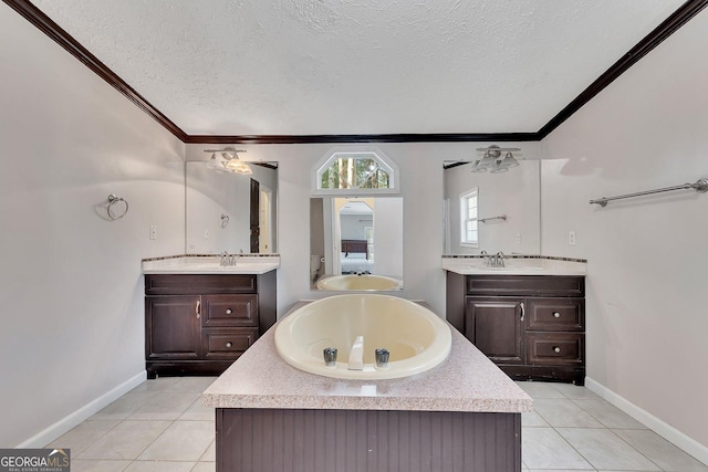 bathroom featuring vanity, a textured ceiling, tile patterned floors, and crown molding