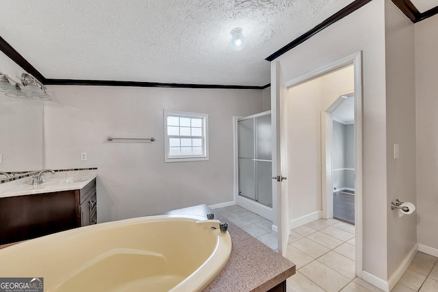 bathroom with tile patterned flooring, a textured ceiling, crown molding, and plus walk in shower