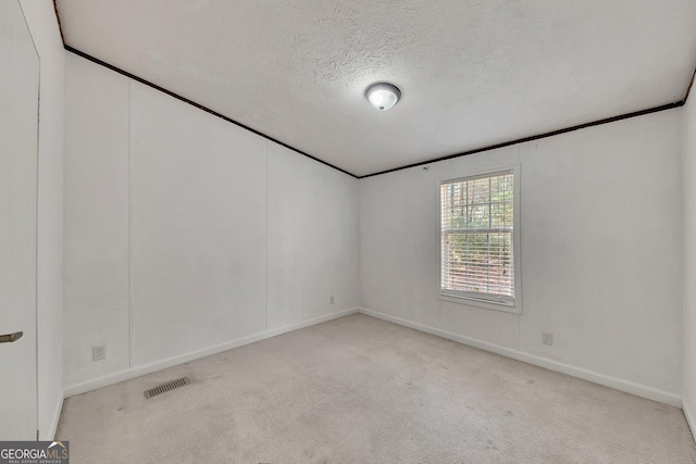 carpeted empty room featuring ornamental molding and a textured ceiling