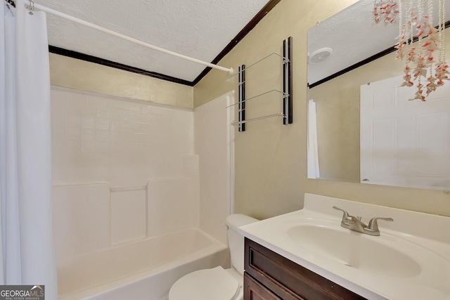 full bathroom featuring crown molding, vanity, a textured ceiling, and toilet