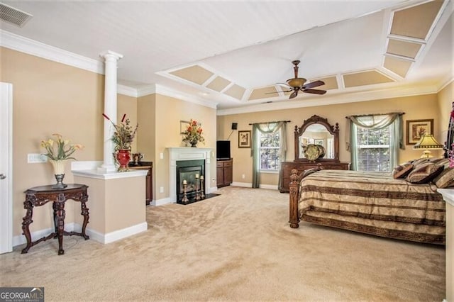 bedroom with light carpet, multiple windows, ornamental molding, and ceiling fan