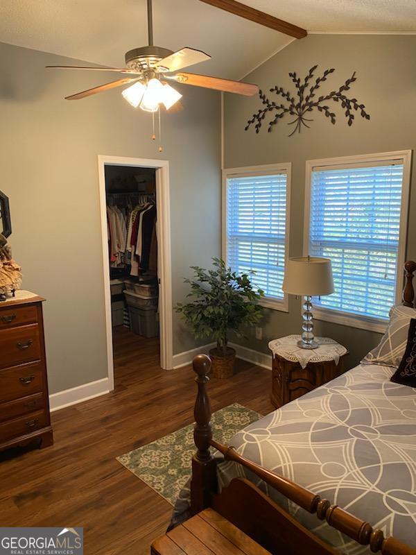 bedroom featuring ceiling fan, dark hardwood / wood-style flooring, a spacious closet, vaulted ceiling, and a closet