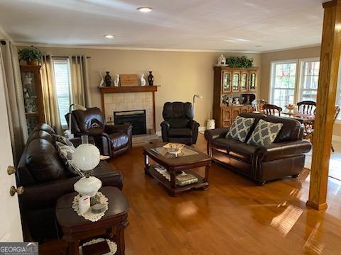 living room featuring hardwood / wood-style flooring, plenty of natural light, and a tiled fireplace