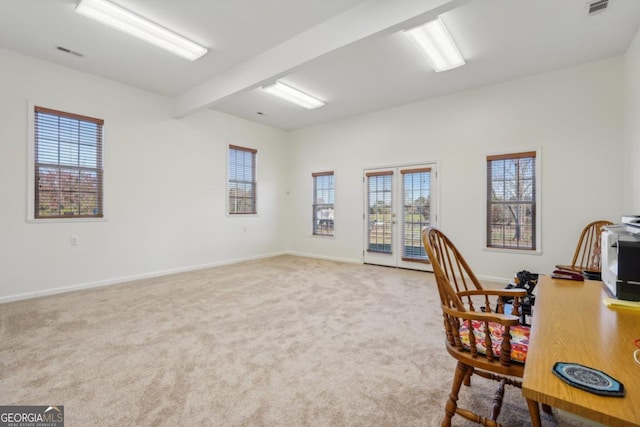 office area featuring carpet flooring, french doors, and beamed ceiling