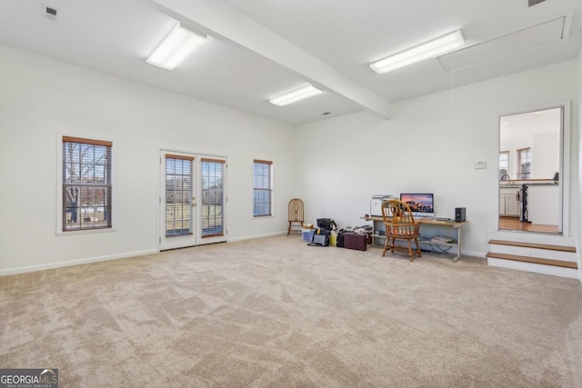 miscellaneous room featuring carpet flooring and beam ceiling