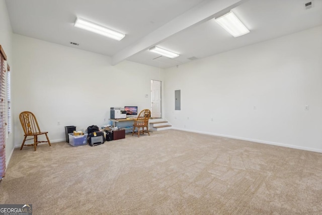 miscellaneous room with carpet flooring, beam ceiling, and electric panel