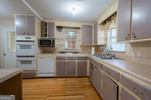 kitchen with gray cabinets, sink, light hardwood / wood-style floors, and stainless steel appliances