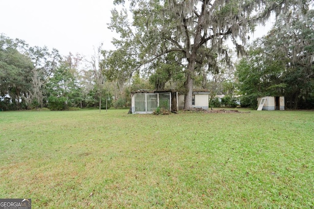 view of yard with a shed