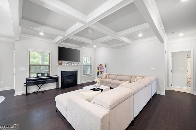 living room with beam ceiling, dark hardwood / wood-style flooring, crown molding, and coffered ceiling