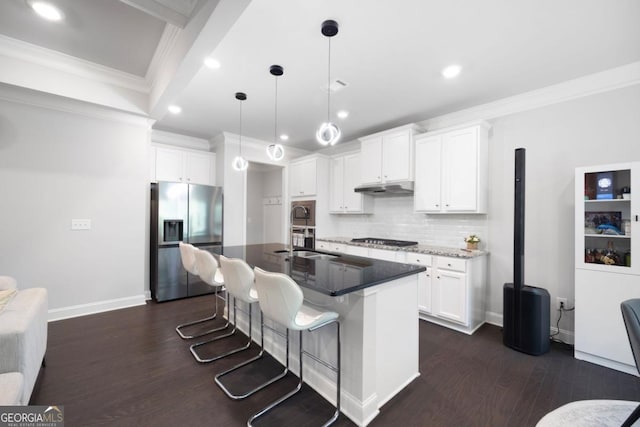 kitchen with stainless steel fridge, sink, a center island with sink, dark hardwood / wood-style floors, and white cabinetry