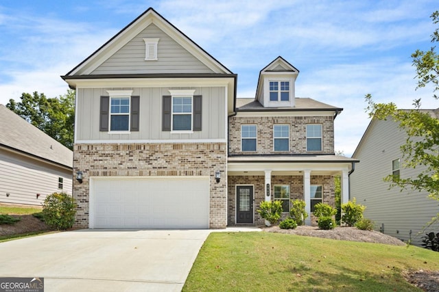 craftsman-style house featuring a front lawn and a garage