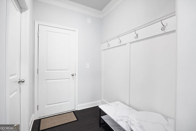 mudroom featuring dark hardwood / wood-style flooring and crown molding