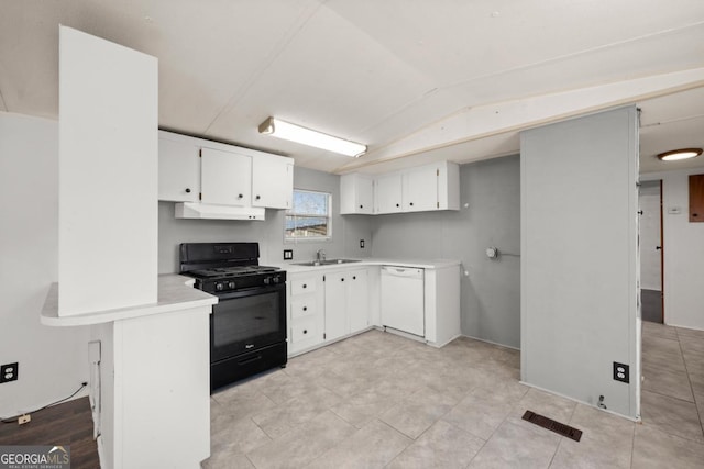 kitchen featuring dishwasher, sink, black gas range oven, kitchen peninsula, and white cabinets