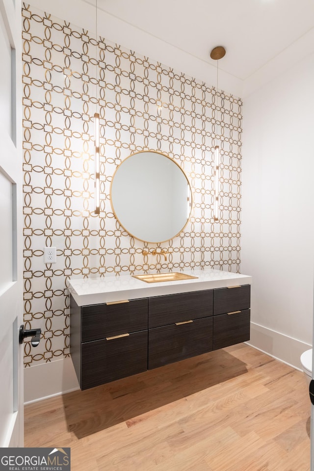 bathroom with vanity and wood-type flooring