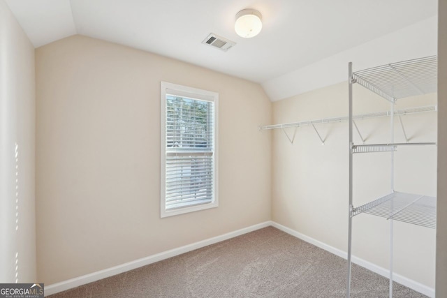 spacious closet featuring carpet flooring and vaulted ceiling