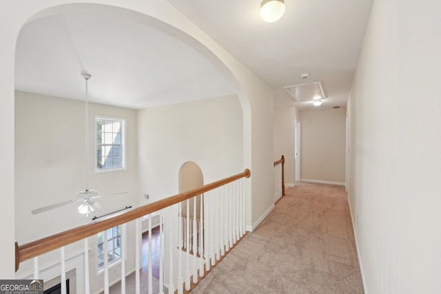 hall featuring light colored carpet