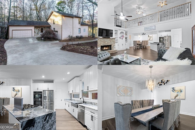 kitchen with light stone countertops, stainless steel appliances, white cabinetry, and sink