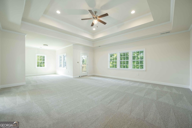 spare room with light carpet, ceiling fan, a healthy amount of sunlight, and ornamental molding