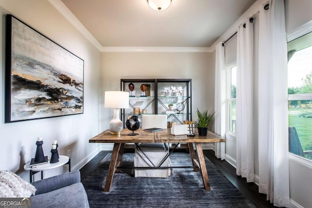 office with dark hardwood / wood-style flooring and ornamental molding