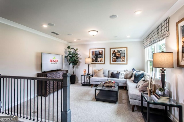 living room with carpet and ornamental molding