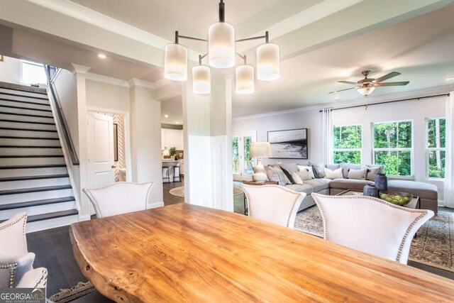 dining room with ceiling fan, wood-type flooring, and ornamental molding