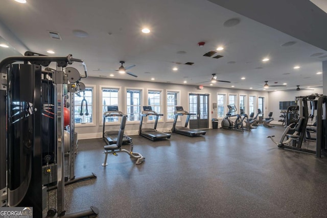 workout area with ceiling fan