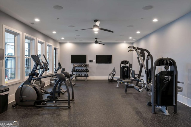 gym featuring ceiling fan