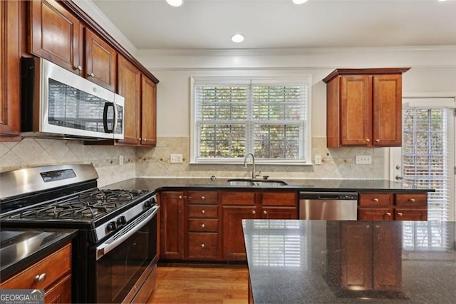 kitchen featuring crown molding, a healthy amount of sunlight, sink, and stainless steel appliances