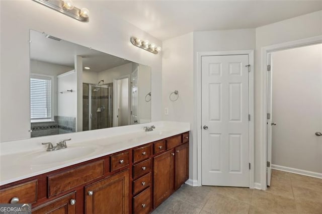 bathroom featuring tile patterned flooring, vanity, and independent shower and bath