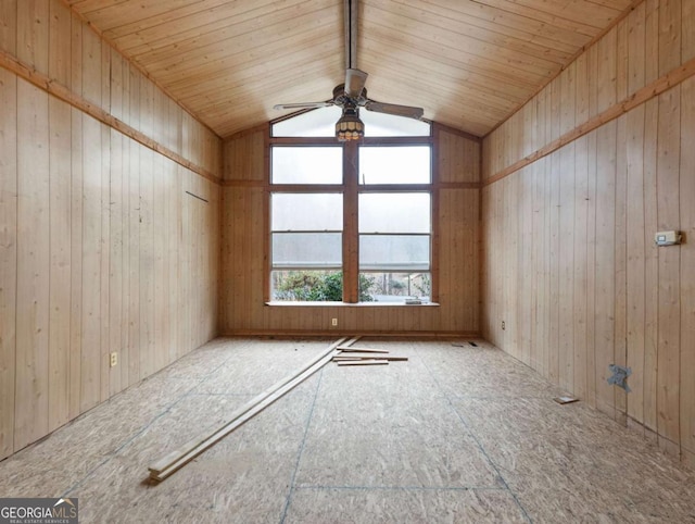 empty room featuring ceiling fan, lofted ceiling, wooden walls, and wooden ceiling